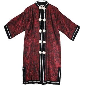 Vtg Joli Made Japan Silk Brocade Jacket Robe L Red Black Kimono Mandarin Collar